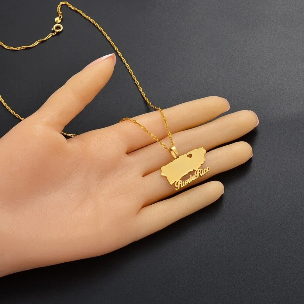 Heart Puerto Rico Map Pendant Necklaces Gold
